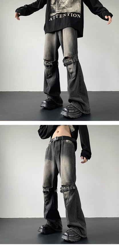 Men's Jeans Retro Trousers Knee Holes Splicing High Street Loose Denim Trousers Flared Jeans Straps Cowboy Casual Long Pants