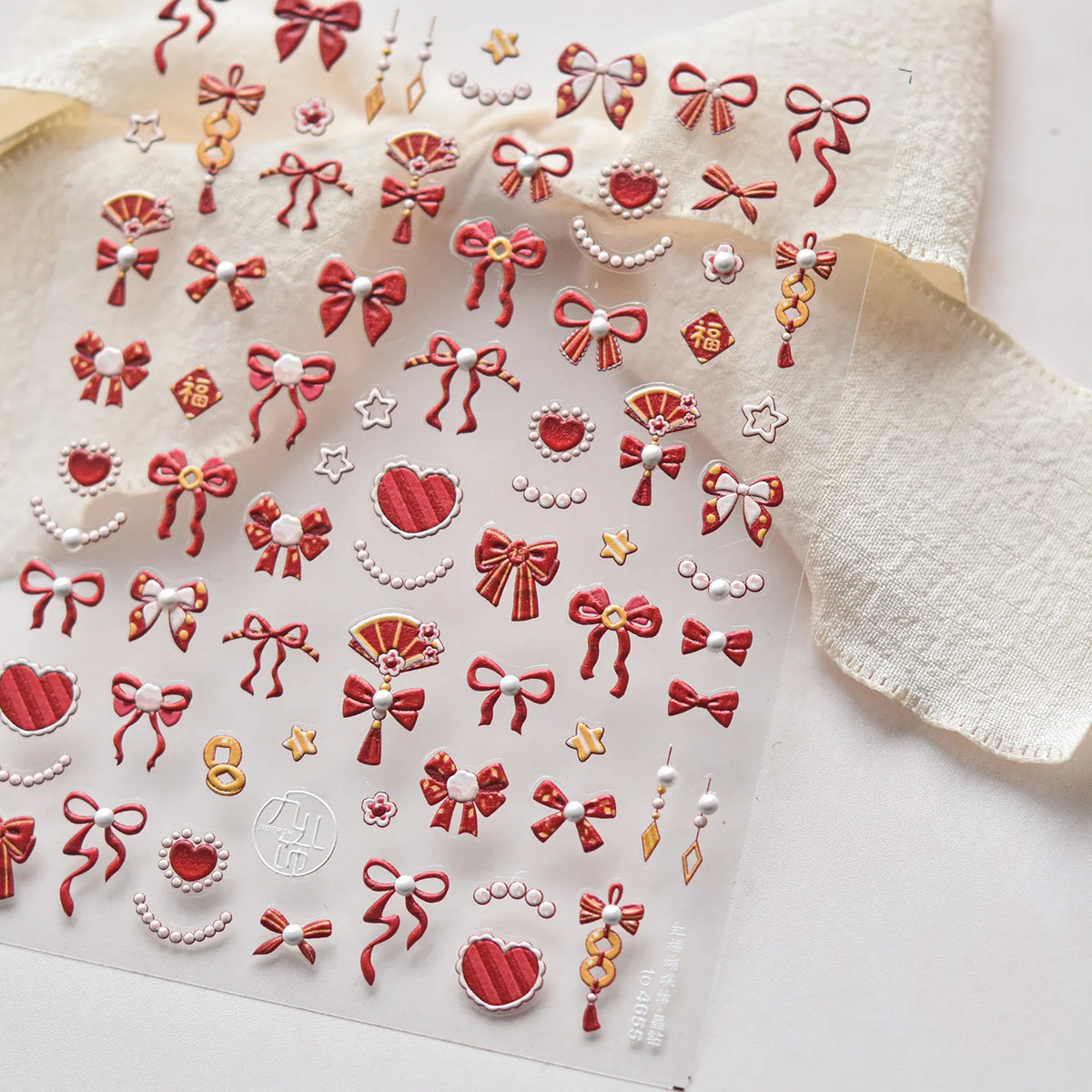 Shell Light Nail Stickers Small Fresh White Bow Ribbon Nail Charms Stickers Self Adhesive Nails 3D Decorations Parts DIY Decals