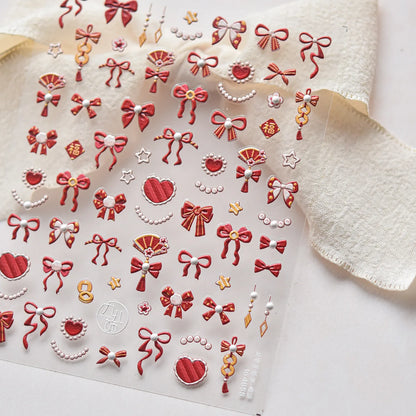 Shell Light Nail Stickers Small Fresh White Bow Ribbon Nail Charms Stickers Self Adhesive Nails 3D Decorations Parts DIY Decals
