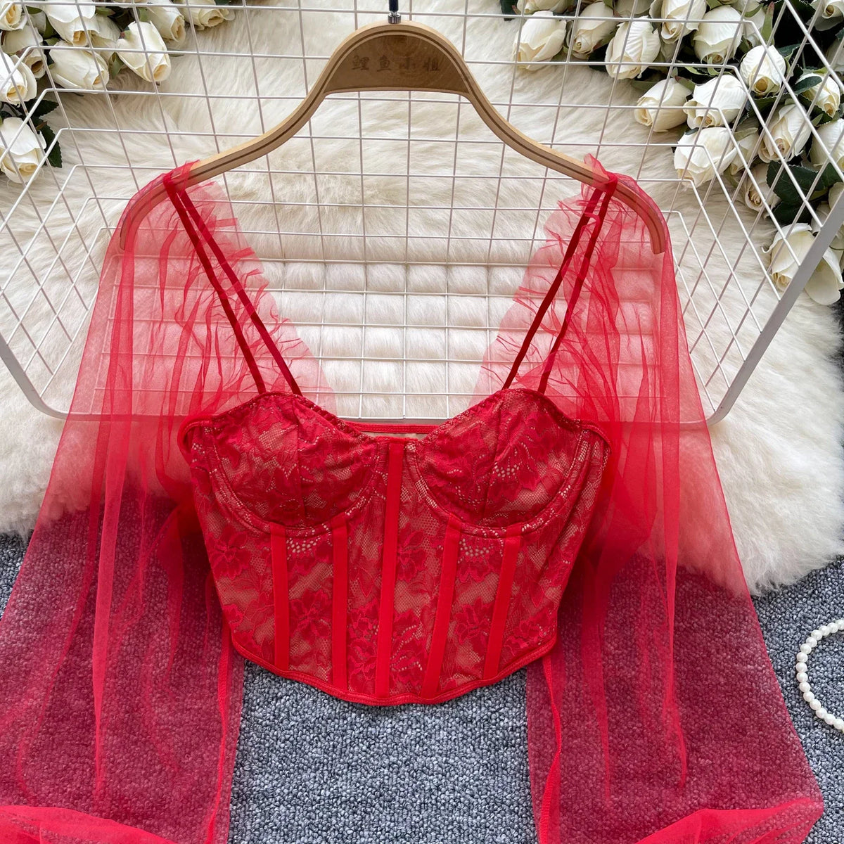 Women Chic Lace Mesh Sheer  Long Sleeve Backless Crop Top Solid Slim Sexy Korean Fashion Summer Women Shirt Square Collar