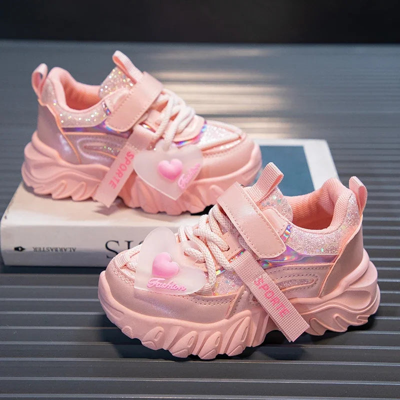 Girls Sports Shoes Kids Running Sneakers for School Fashion Cute Shiny Non-slip Children's Casual Shoes with Heart Spring Autumn