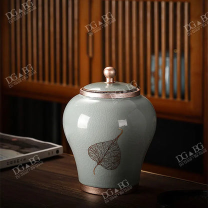 Human Cremation Urns for Ashes, Memorial Ash Holder, Keepsake Souvenirs Gift, Chinese-Style Leaf Ceramic Storage Decoration