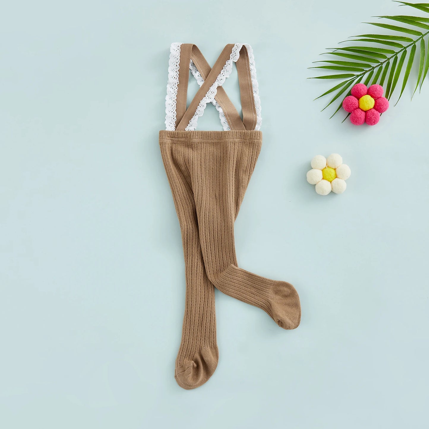Infant Baby Girls Suspender Pantyhose, High Waist Lace Plain Rib Knitted Footed Leggings Tights 0-1Years