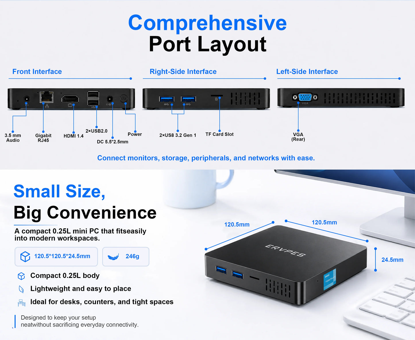 ERVPES B20E Mini PC 8GB RAM 128GB SSD Intel 6500Y Windows 11 BT5.0 Apollo Lake Desktop Microcomputer Dual Band Wi-Fi HDMI