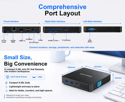 ERVPES B20E Mini PC 8GB RAM 128GB SSD Intel 6500Y Windows 11 BT5.0 Apollo Lake Desktop Microcomputer Dual Band Wi-Fi HDMI