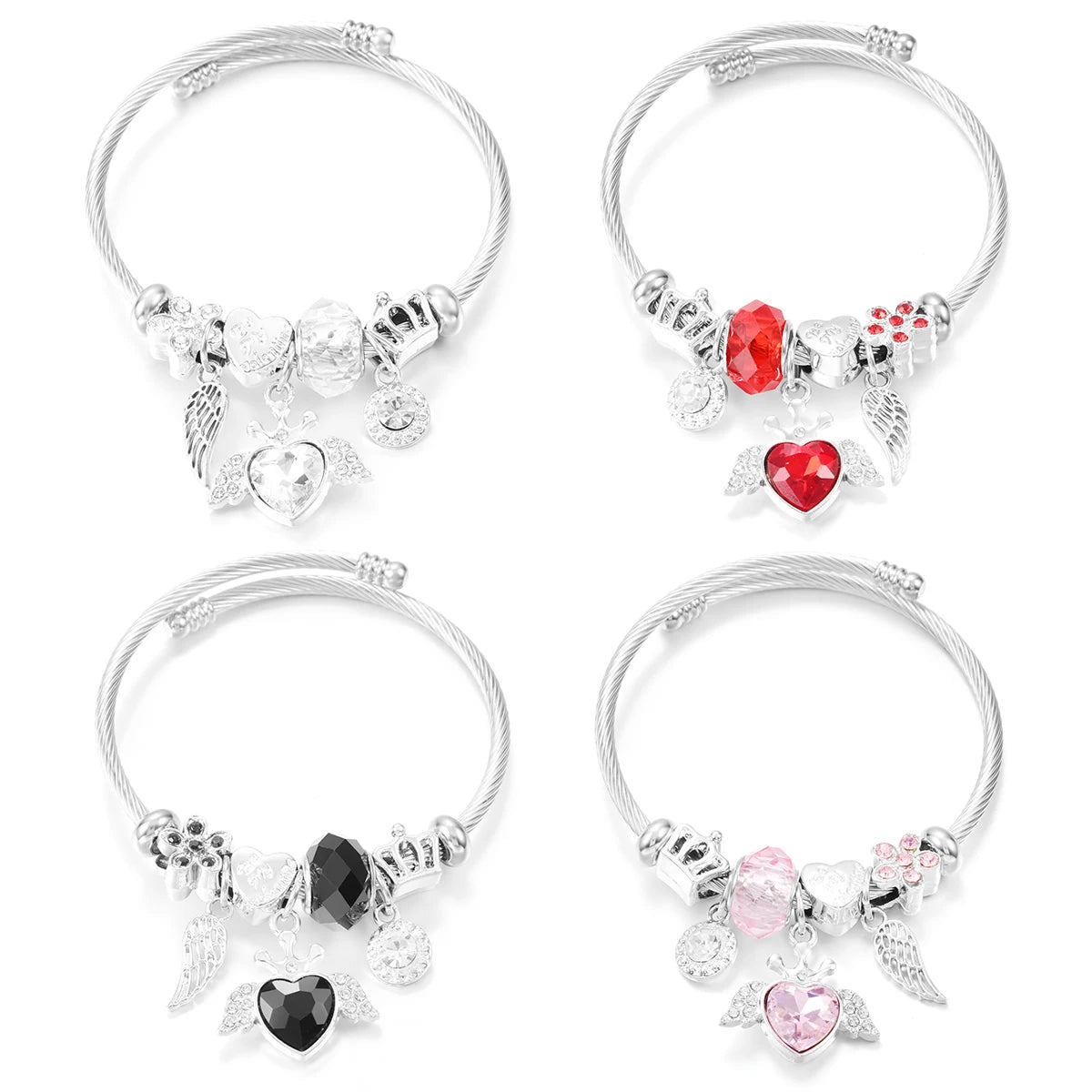 New Trendy Rhinestones Dragonfly Crystal Beaded Pendant Bracelet Stainless Steel 4 Colors Closure Bangles Women Bracelet Jewelry