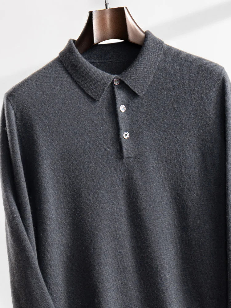 ANGEL 2024 Men's New POLO Shirt 100% Cashmere Knitted Pullover Solid Color Sweater Fall Winter Casual Business Office Jacket