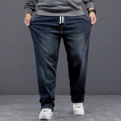 Extra Big Size Jeans Men High Elastic Waist Baggy Denim Pant Male Plus Large Loose Slim Fit Cowboy Trouser 8XL 6XL Classic Black