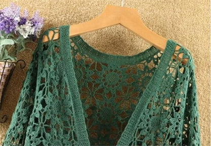 Elegant Summer Hollow Lace Cardigan Sweater Women Wide Loose Floral Knitted Sweater Thin Section Female Spring Autumn Cardigan