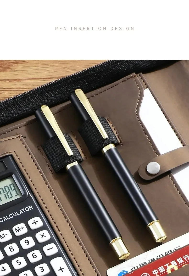 Executive Business A4 Leather Portfolio Folder Clipboard for Zippered Desk Organizer Document Briefcase Calculator for Office
