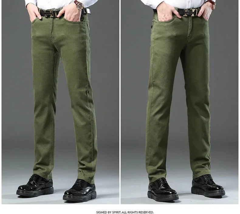 Autumn 96% Cotton Men's Stretch Slim Jeans Army Green Soft Comfortable Casual Straight Denim Pants Trousers Large Size 42