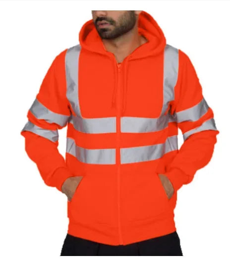 Men Reflective Strip Hoodies Casual Fit Work Safety Jackets Autumn Thin Fleece Hooded Zipper Sweatshirt Coats Workwear For Men