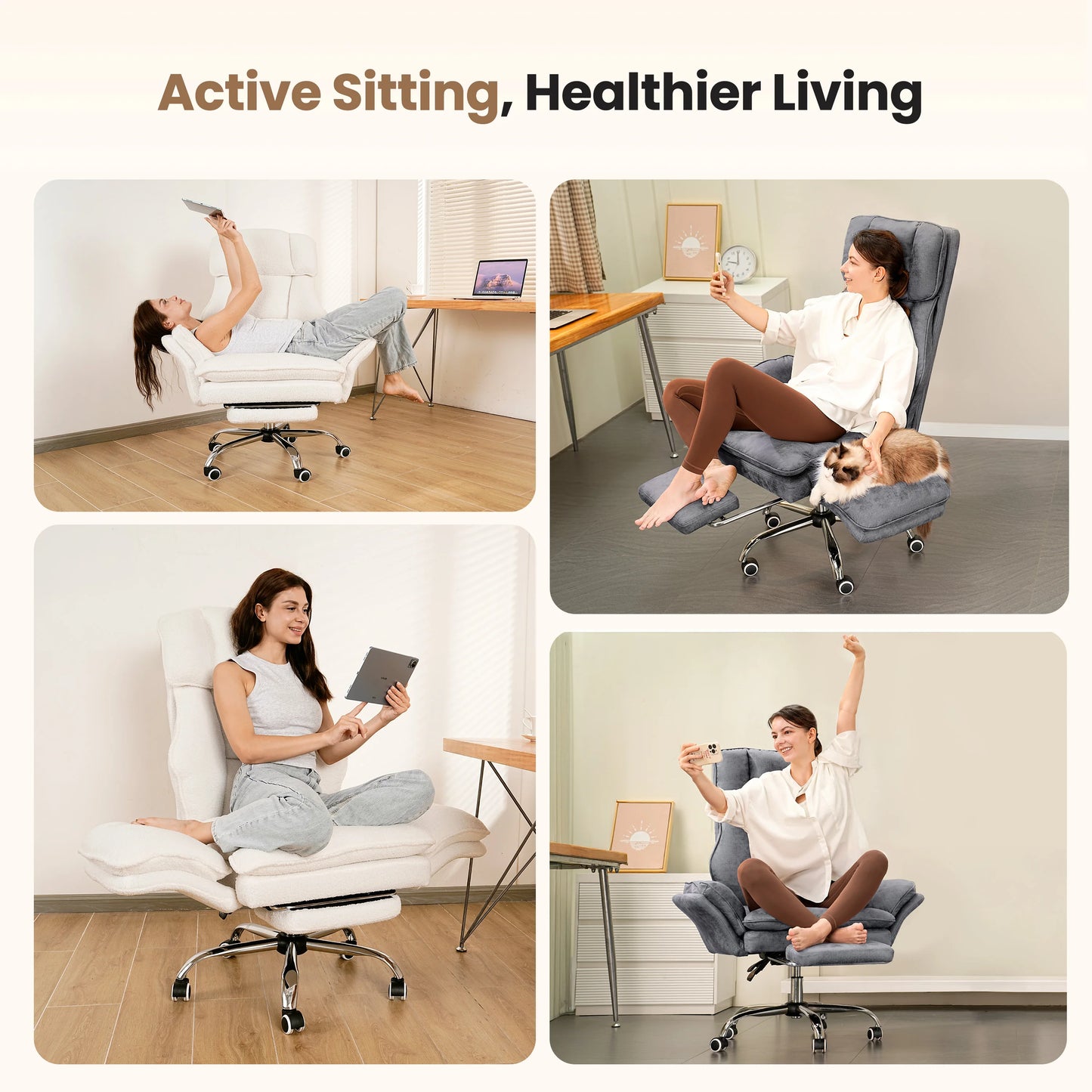 Pet Friendly Ergonomic Office Chair with Armrests, Cat Side Seat 360° Swivel Reclining Desk Chair for Cat Owners Furry Companion Work Chair with Footrest
