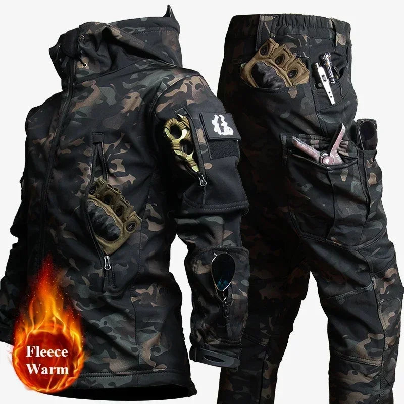Winter Soft Shell Mens Tactical Set Outdoor Windproof Waterproof Warm Combat Suit Multi Pocket Thickened Camo Hunting Uniform