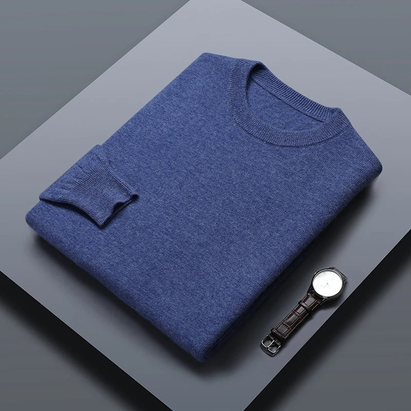 Classic Solid Color Men's O-neck Sweater Autumn Winter 100% Merino Wool Knitted Pullover Long Sleeve Warm Loose Casual Men Tops