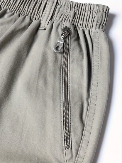 Cotton Cargo Shorts Men's Lightweight Breathable Solid Color Drawstring Waist with Zipper Pockets Casual Summer Short Pants