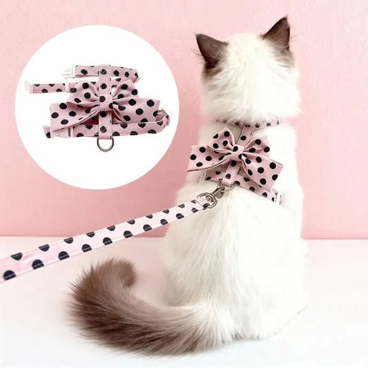 Cute Polka Dot Pet Vest Harness Bowknot Adjustable Pet Traction Rope with Collar Cat Traction Rope Puppy