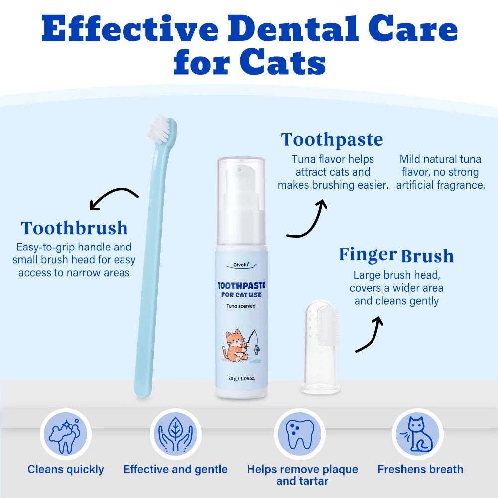 Tuna Flavored Cat Toothpaste Safe Formula With Toothbrush And Finger Brush For Daily Teeth Cleaning And Pet Dental Grooming