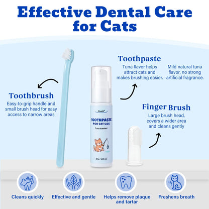 Tuna Flavored Cat Toothpaste Safe Formula With Toothbrush And Finger Brush For Daily Teeth Cleaning And Pet Dental Grooming