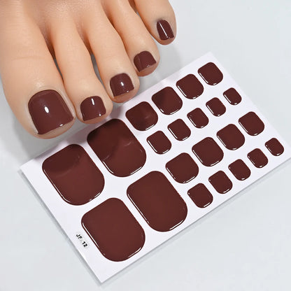 1Sheet=22Tips Glossy Red Toe Nail Stickers Full Cover Solid Color Press On Toenails Patch UV Baking Free Foot Gel Polish Wraps #