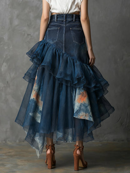 Women's Denim Patchwork Ruffle Maxi Skirt High Waisted Asymmetrical Sheer Tulle Layered Skirt For Female Fashion Outfits  Skirts