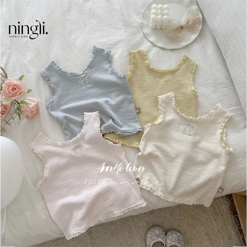 Girls' Ribbed Camisole with Embroidery & Ruffle Trim – Soft Spaghetti Strap Tank Top for Summer, Layering or Beach Wear