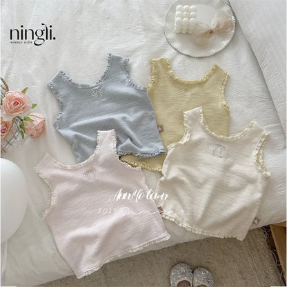 Girls' Ribbed Camisole with Embroidery & Ruffle Trim – Soft Spaghetti Strap Tank Top for Summer, Layering or Beach Wear