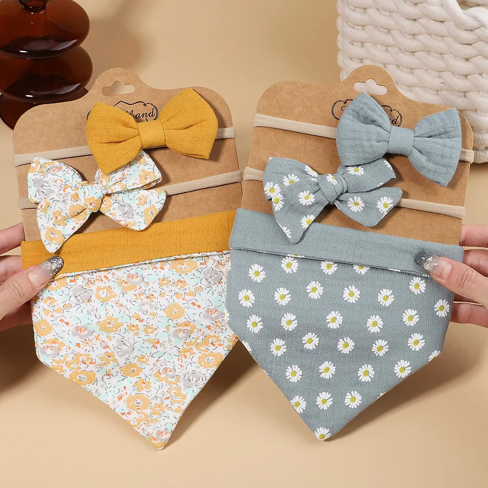 3Pcs/Set Muslin Cotton Print Bib Newborn Bows Headband Triangle Saliva Towel Infant Boy Girl Feeding Burp Baby Hair Accessories