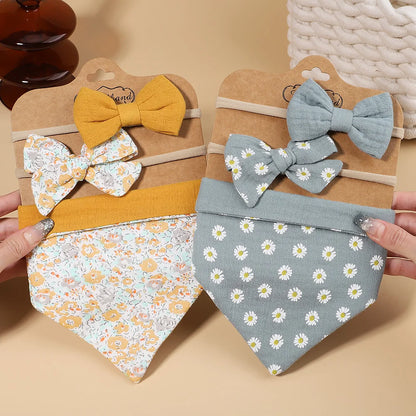3Pcs/Set Muslin Cotton Print Bib Newborn Bows Headband Triangle Saliva Towel Infant Boy Girl Feeding Burp Baby Hair Accessories