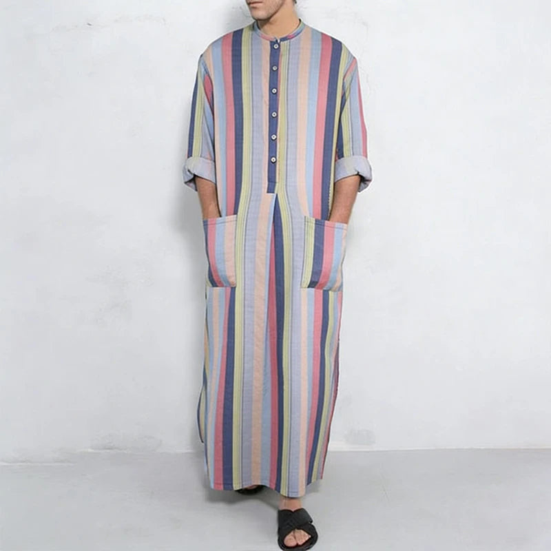 New Men Islam Qamis Muslim Striped Robes Long Sleeve Button-down Arabian Kaftan Suit Middle East Dubai Abaya Summer Man Clothing
