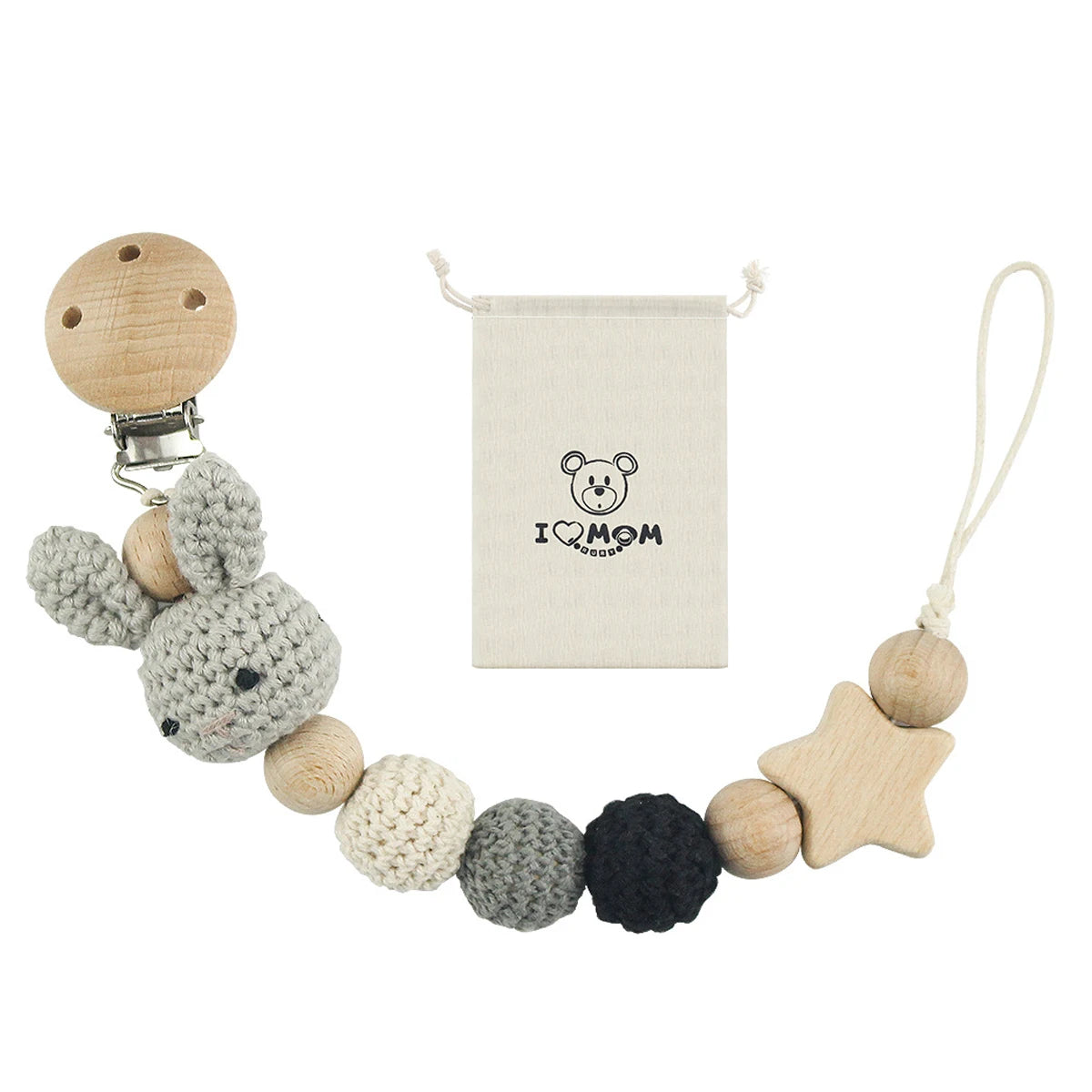 Cartoon Bunny Pacifier Chain Clip Wood Crochet Bear Teething Chain Baby Teether Soother Holder Newborn Chew Toys Pacifier Clips