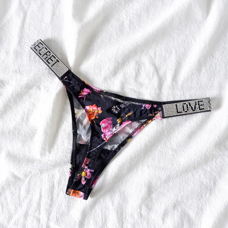 Low Waist Sexy Women Thongs Panties Rhinestones letter Diamonds G String Sports Thong Shorts Briefs T-back Fitness Size S-XL