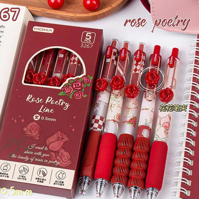 5Pcs Creative Rose Series 0.5mm Gel Pen Set Ultra Soft Silicone Pen Grip Quick-Drying Ink Pen Office Signature Pen