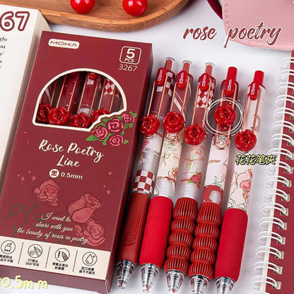5Pcs Creative Rose Series 0.5mm Gel Pen Set Ultra Soft Silicone Pen Grip Quick-Drying Ink Pen Office Signature Pen