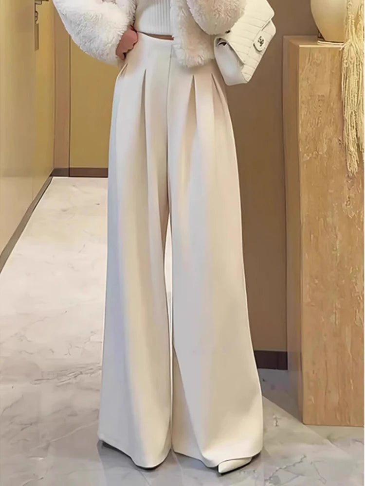 New European Retro High-end Pleated High-waisted and Thin, Super Good-looking White Drape Floor Pants for Women