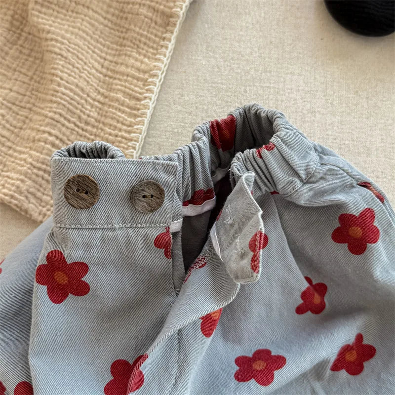 Spring/Summer Calf Length Pants for Girls Floral Print Anti-mosquito Breeches Korean Kid's Loose 7 Point Pants Childrens Clothes