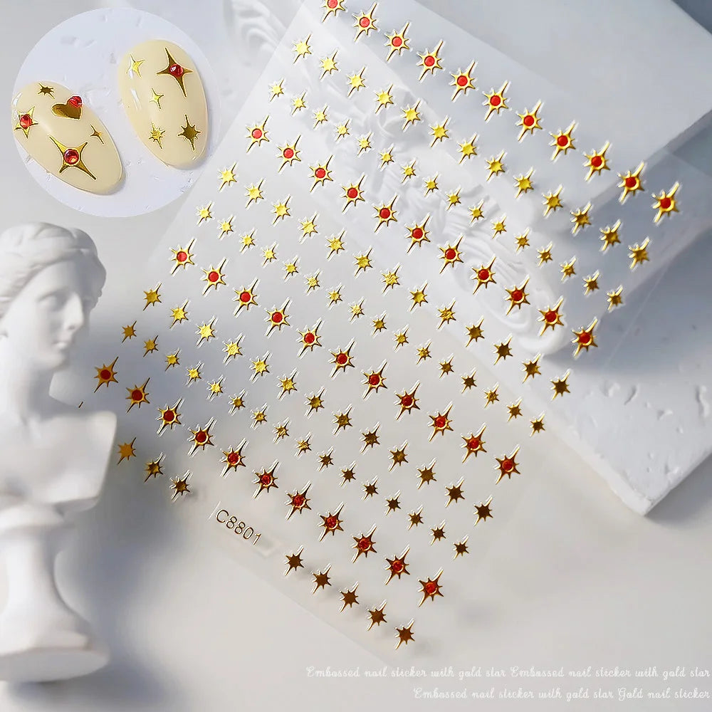 1pcs 3D Bronzing Gold Love Heart Nail Art Stickers Y2K Holographic Stars Sun Starlight DIY Nail Decals Heart Manicure Decoration