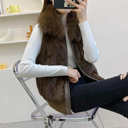Women's Genuine Real Rabbit Fur Vest Coat Knitting Winter Fox Fur Collar Fur Jacket Casual Short Outwear Slim with Zipper