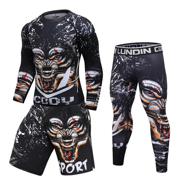 New Men Sports Jiu Jitsu BJJ Suit Gym Fitness Compression Clothes Running Jogging Sport Wear Exercise Workout Rashguard Tights