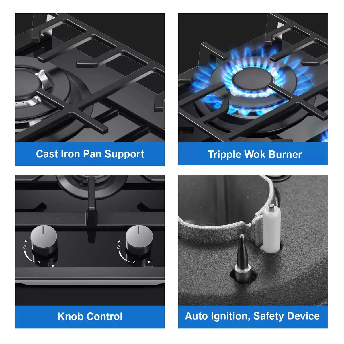 TopStrong 2 Burners 30cm Kitchen Built in Tempered Glass NG/LPG Dual Fuel Gas Hob UKGCT-B02