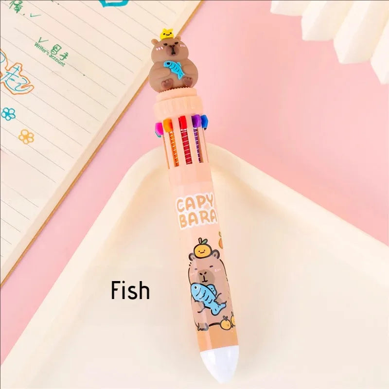 10-Color Kawaii Capybara Multifunctional Gel Pen 0.5mm Fine Tip Cute Cartoon Brown Pen for Office School Student Stationery