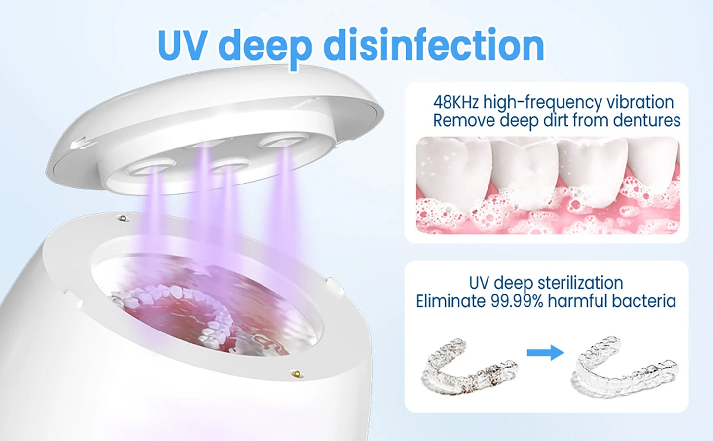 KUNPHY UV Light Ultrasonic Retainer Cleaner 200ML Denture Cleaner for Aligner Night Guard Braces Toothbrush Dental Appliances
