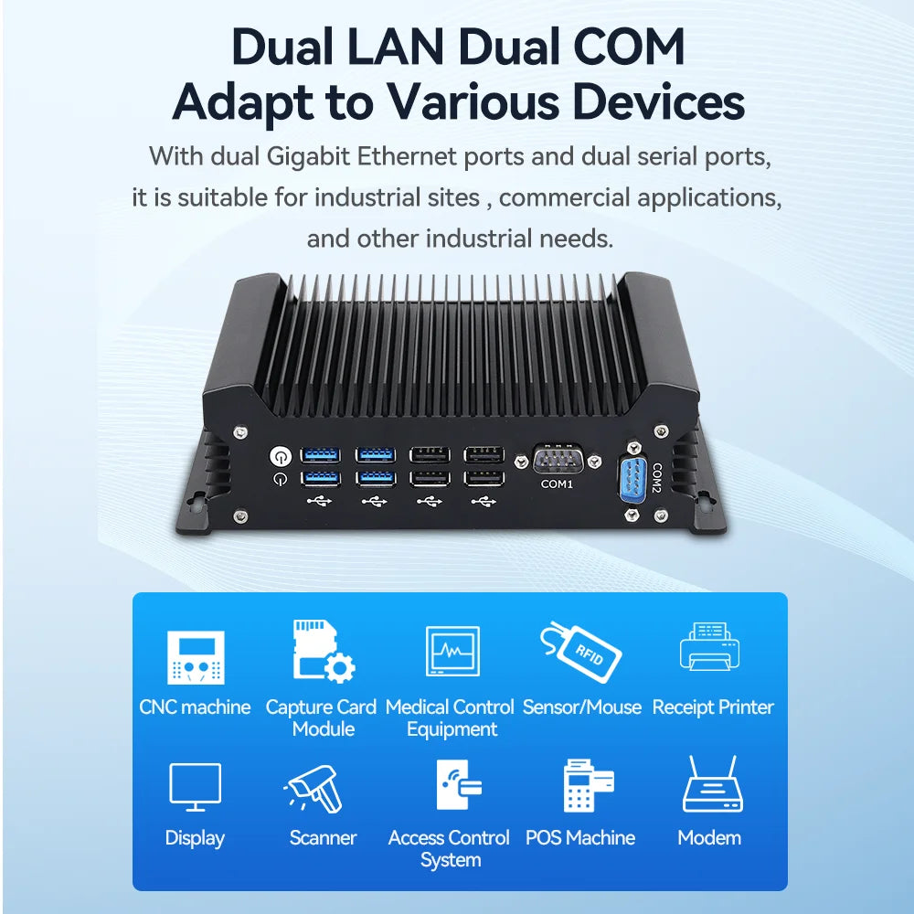 XCY Fanless IoT Industrial Mini PC Intel Core I5-1335U 2x COM RS232 2x LAN 8x USB WiFi SIM 4G LTE Windows 10/11 Linux PXE WOL