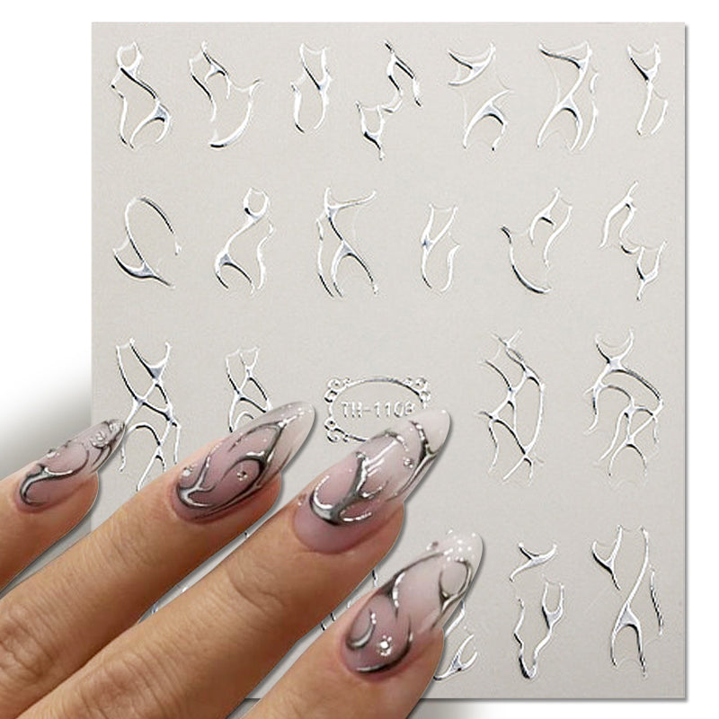Golden Wave Line 3D Nail Sticker Marble Blue Geometry Abstract Nail Art Sliders Silver French Liner Decals Manicure Decorations