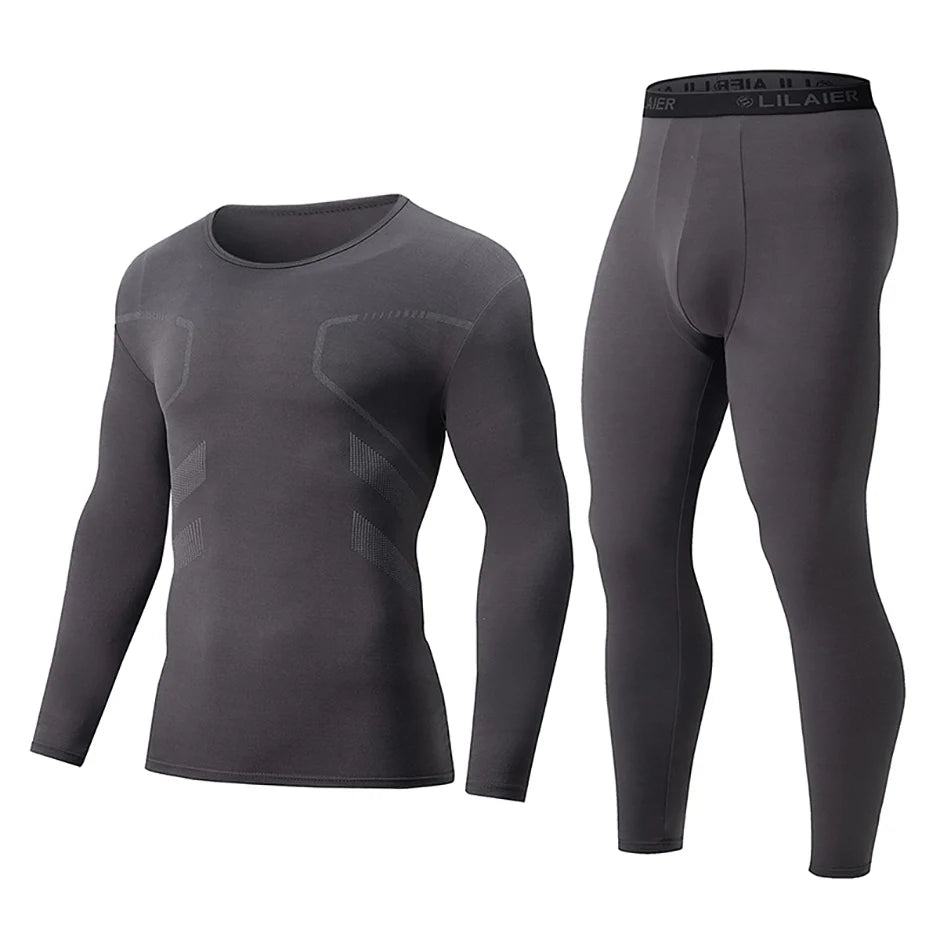 2-piece Men's Autumn And Winter Solid Color Round Neck Fashionable Printed Sports Thermal Underwear Set Simple And Comfortable