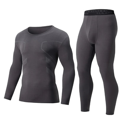 2-piece Men's Autumn And Winter Solid Color Round Neck Fashionable Printed Sports Thermal Underwear Set Simple And Comfortable