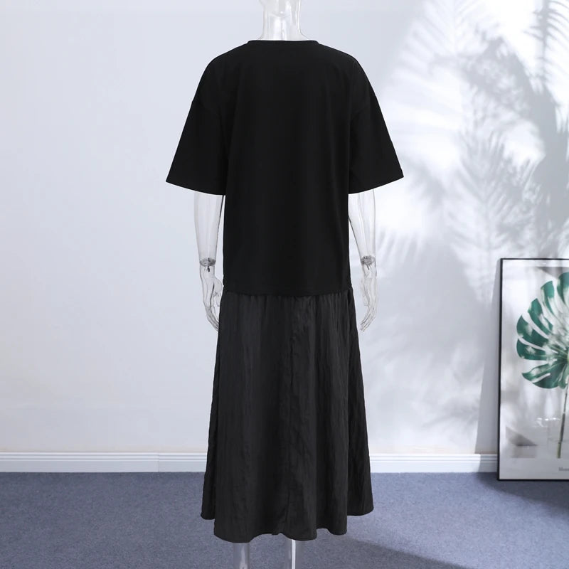 2026 Summer New Loose Patchwork Dresses Women's Pleated Fashion Short Sleeve O-neck Long Robes Female Elegant Casual Dress