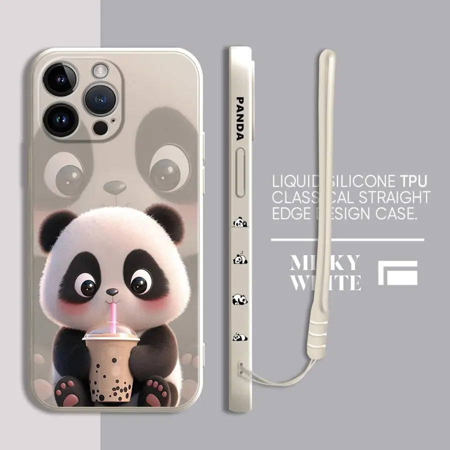 Cute Panda Phone Case for iPhone 11 13 16 Pro 14ProMax 15 Plus XS Max XR SE 8 7 12 Mini Silicone Cover Soft