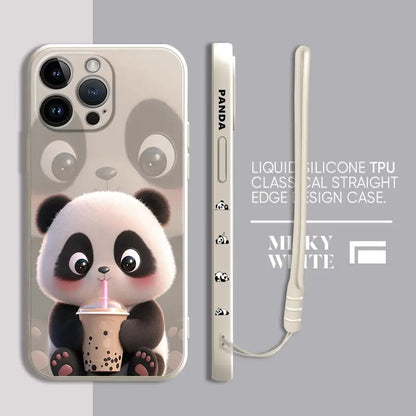 Cute Panda Phone Case for iPhone 11 13 16 Pro 14ProMax 15 Plus XS Max XR SE 8 7 12 Mini Silicone Cover Soft