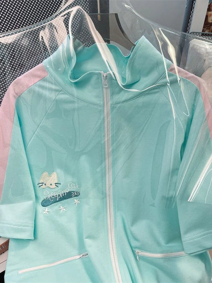 Summer Cartoon Embroidery Two Piece Set Women Hoodie Harajuku Shorts Outfits Tops Contrast Color Casual Loose Y2k Aesthetic Suit